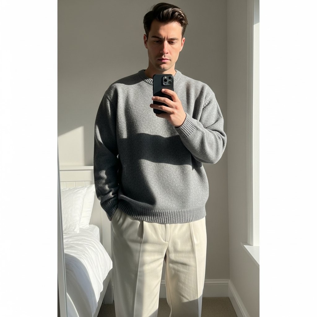 Stone Crewneck, Cream Trousers - 50 Oversized Crewneck Outfit Ideas for Men
