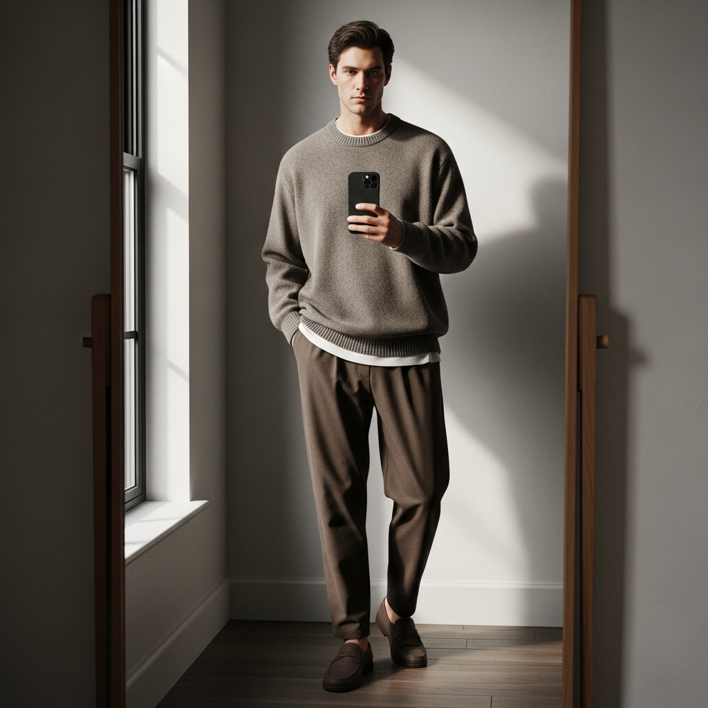 Taupe Crewneck, Brown Chinos - 50 Oversized Crewneck Outfit Ideas for Men