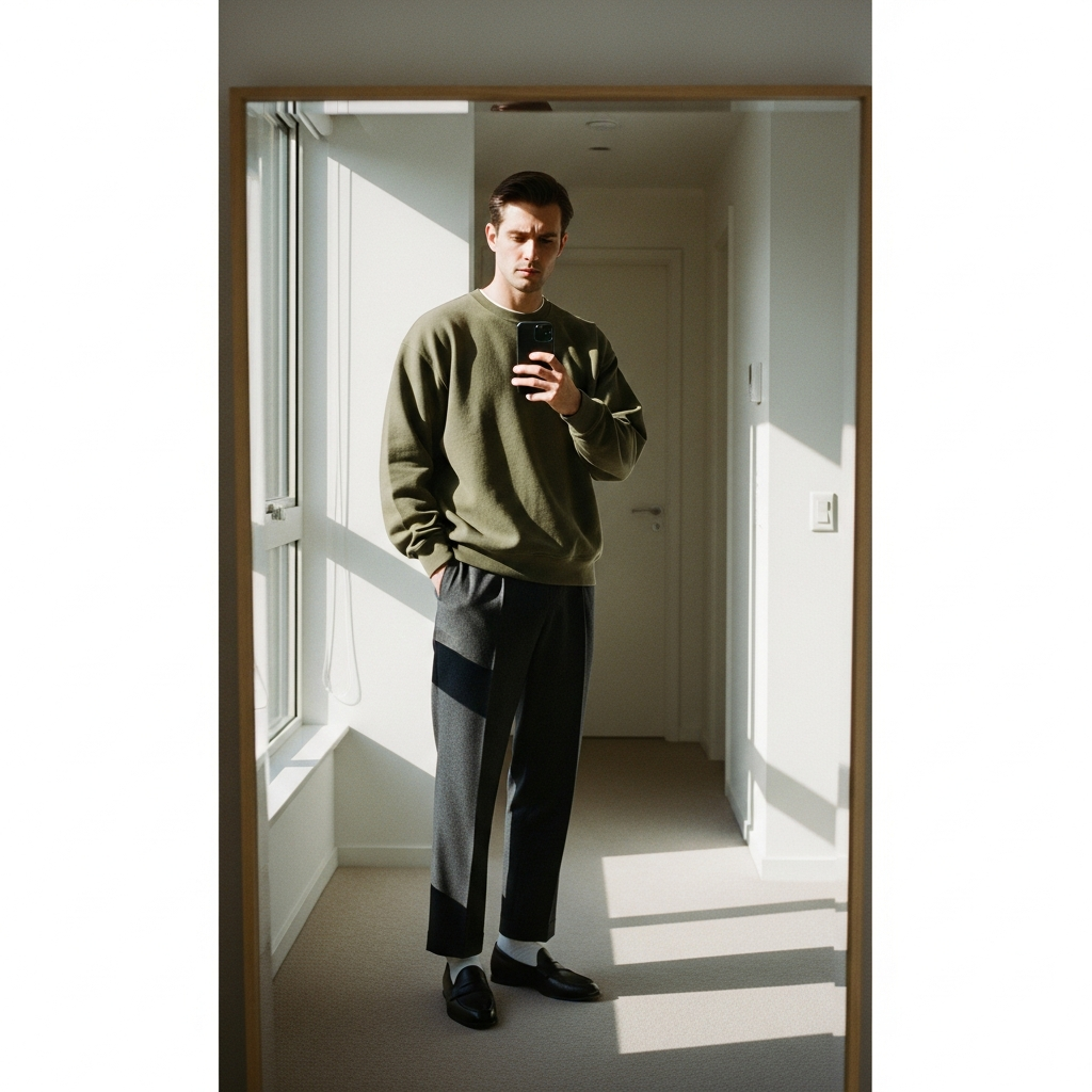 Olive Crewneck, Charcoal Trousers - 50 Oversized Crewneck Outfit Ideas for Men