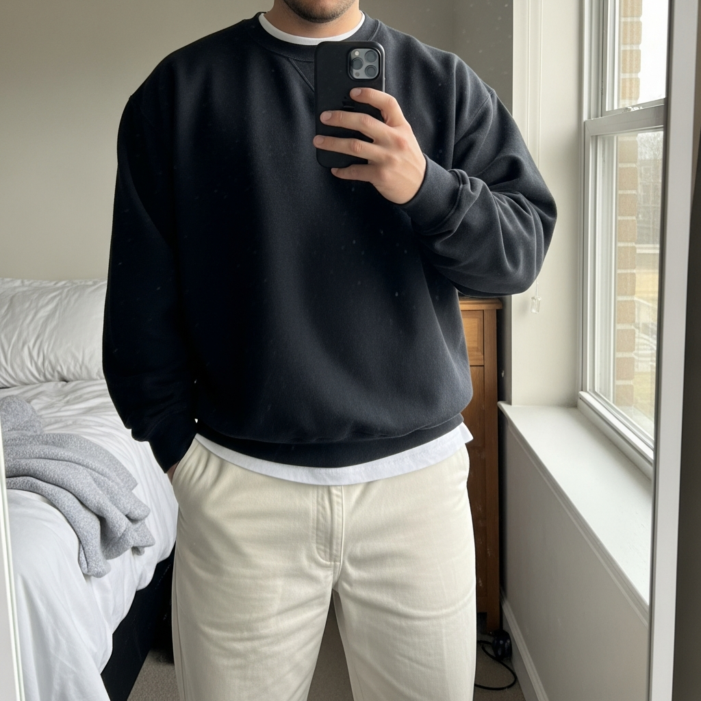 Black Crewneck, Off-White Pants - 50 Oversized Crewneck Outfit Ideas for Men