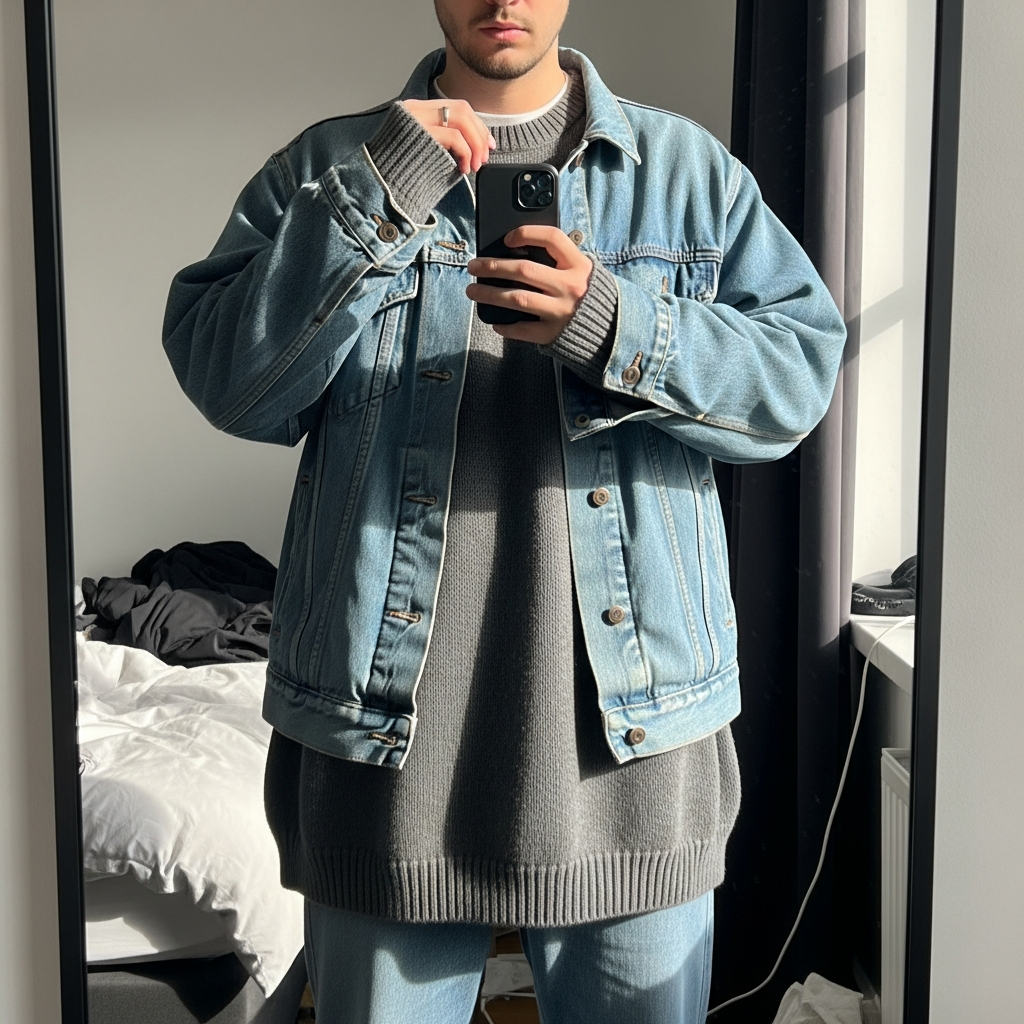Washed Crewneck, Denim Jacket - 50 Oversized Crewneck Outfit Ideas for Men