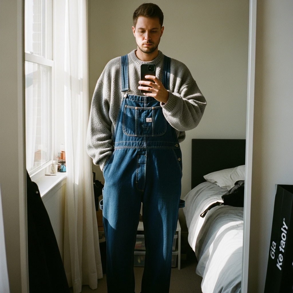 Crewneck, Denim Overalls - 50 Oversized Crewneck Outfit Ideas for Men