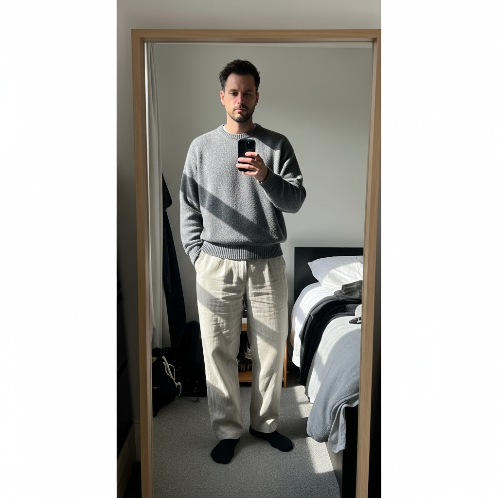 Crewneck, Linen Trousers - 50 Oversized Crewneck Outfit Ideas for Men