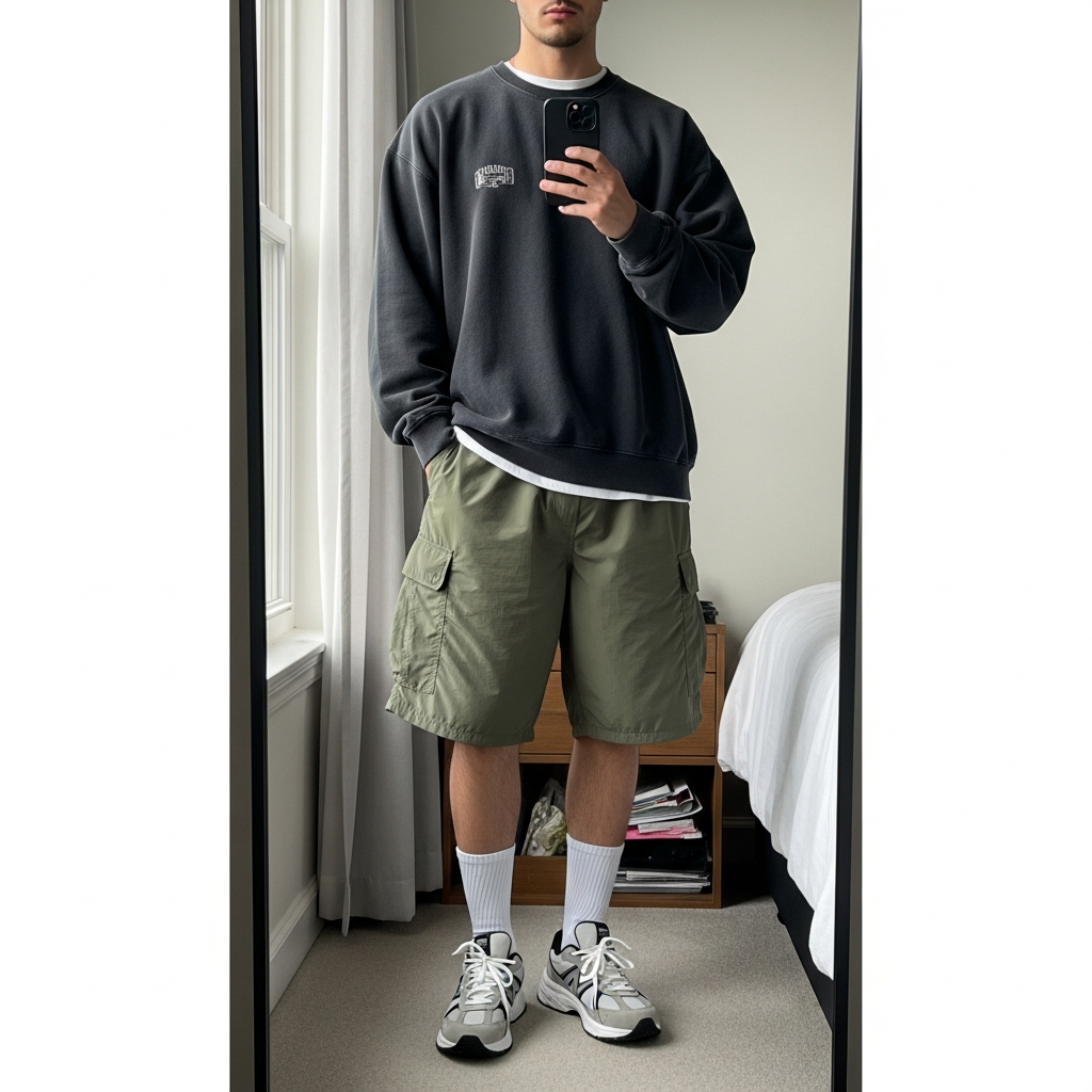 Graphic Crewneck, Cargo Shorts - 50 Oversized Crewneck Outfit Ideas for Men