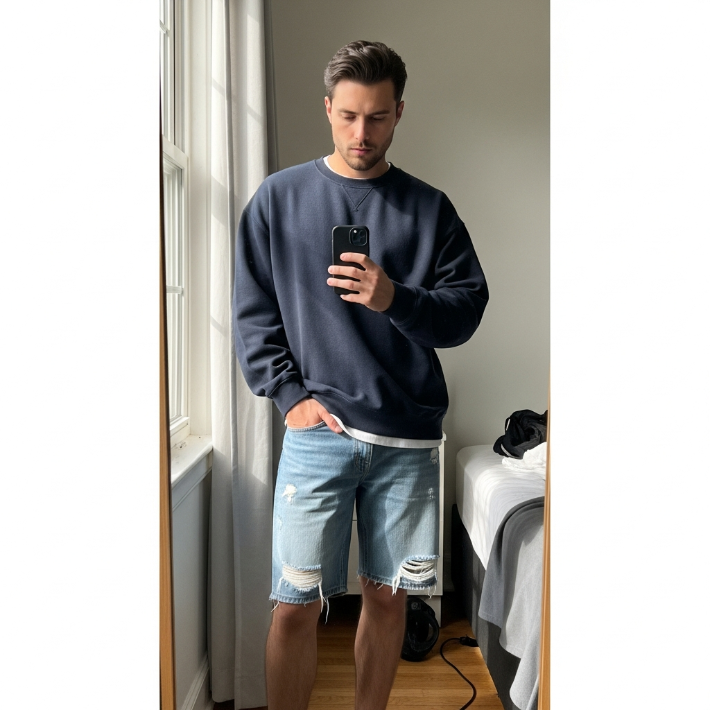 Navy Crewneck, Denim Shorts - 50 Oversized Crewneck Outfit Ideas for Men