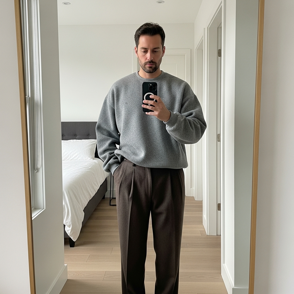 Heavy Crewneck, Wool Trousers - 50 Oversized Crewneck Outfit Ideas for Men