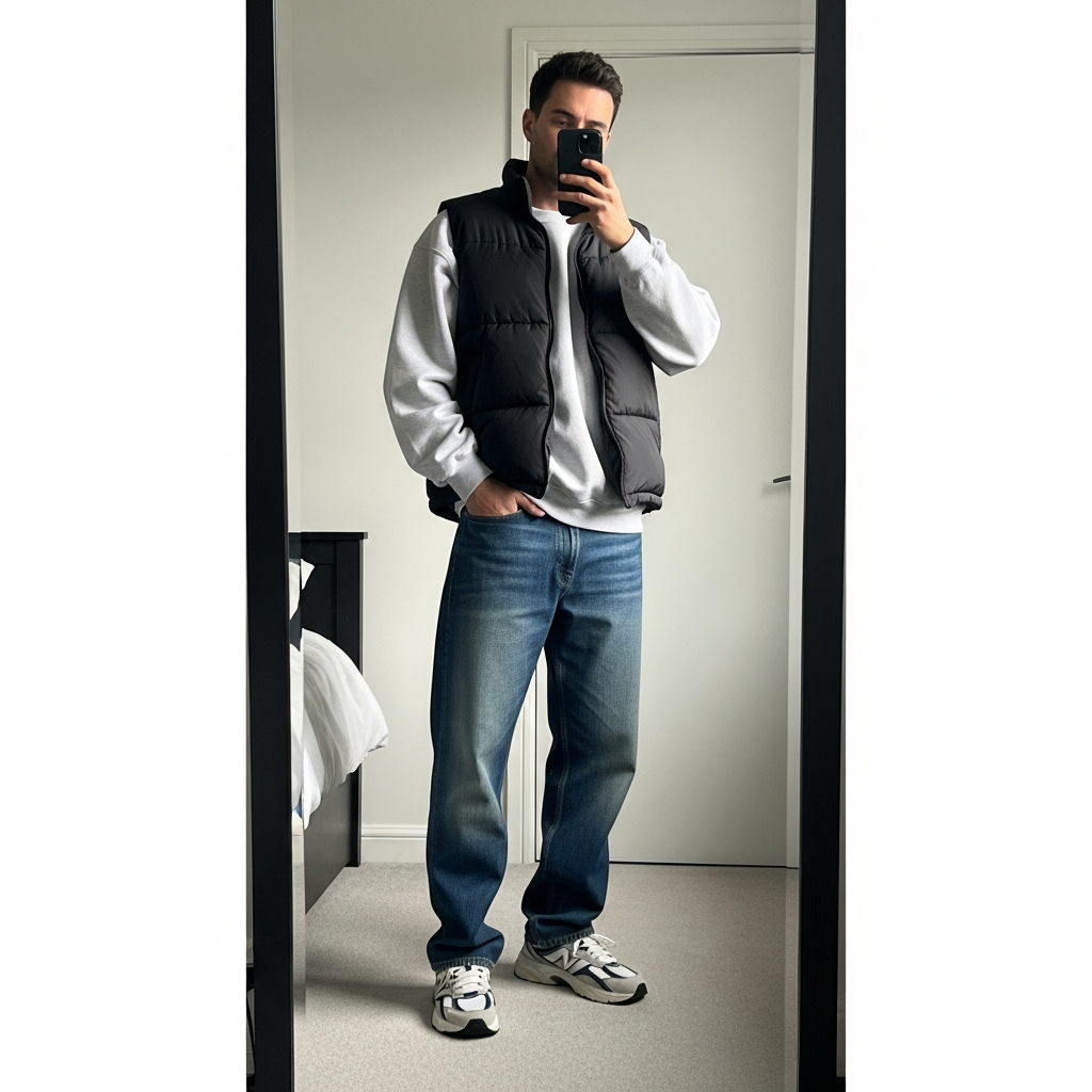 Crewneck and Puffer Vest - 50 Oversized Crewneck Outfit Ideas for Men