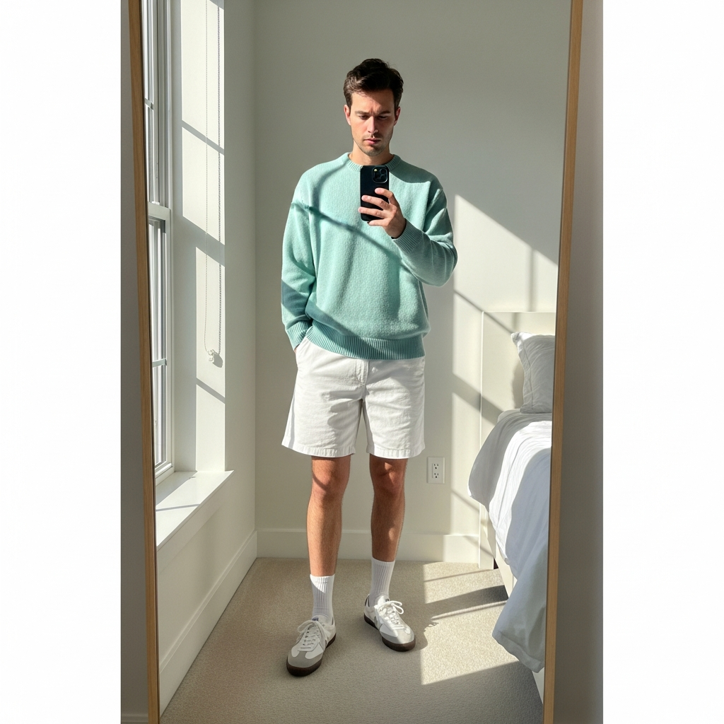 Pastel Crewneck, White Shorts - 50 Oversized Crewneck Outfit Ideas for Men