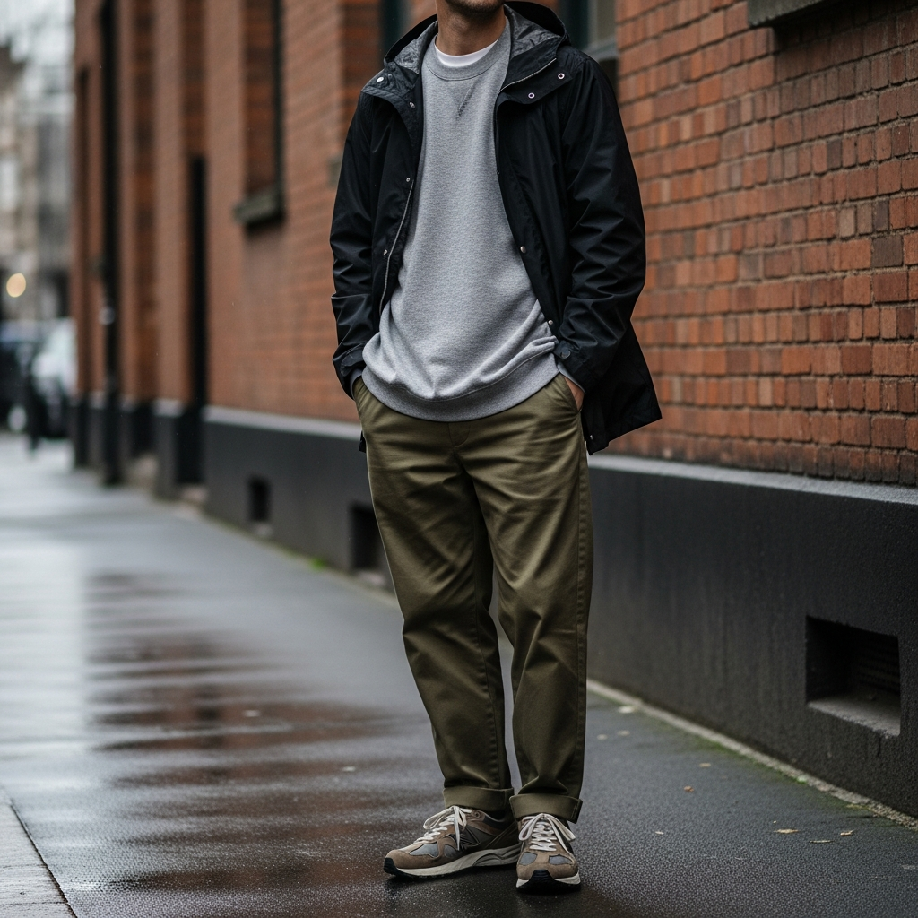 Crewneck, Rain Jacket, Chinos - 50 Oversized Crewneck Outfit Ideas for Men
