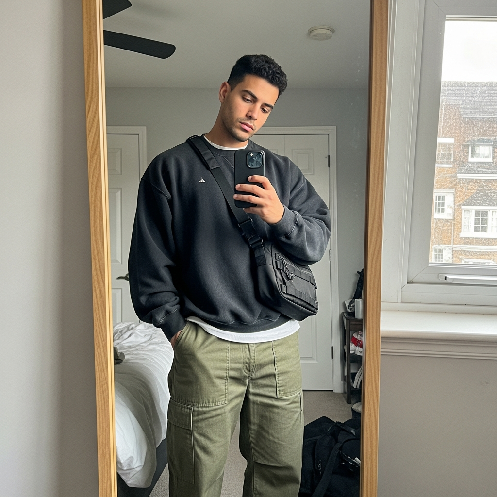 Crewneck, Utility Pants, Bag - 50 Oversized Crewneck Outfit Ideas for Men