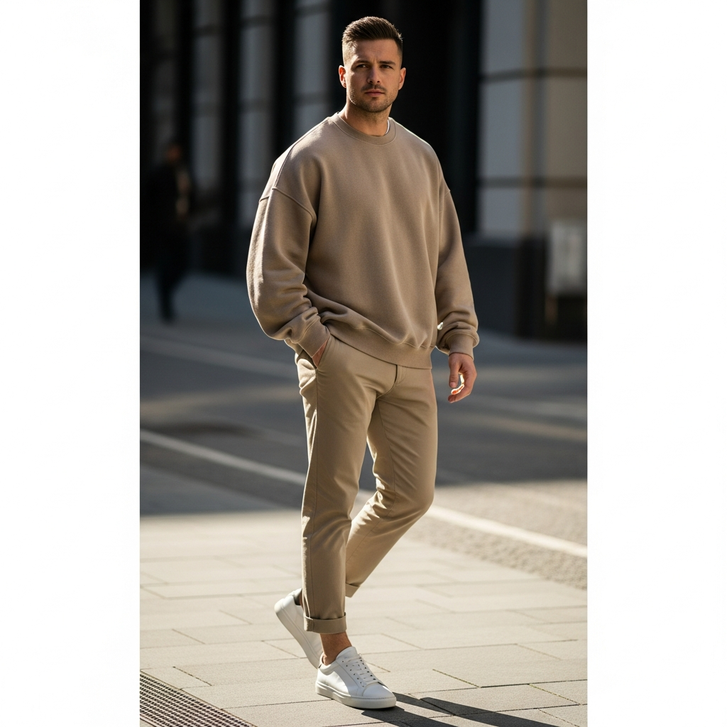 Beige Crewneck, Cuffed Chinos - 50 Oversized Crewneck Outfit Ideas for Men