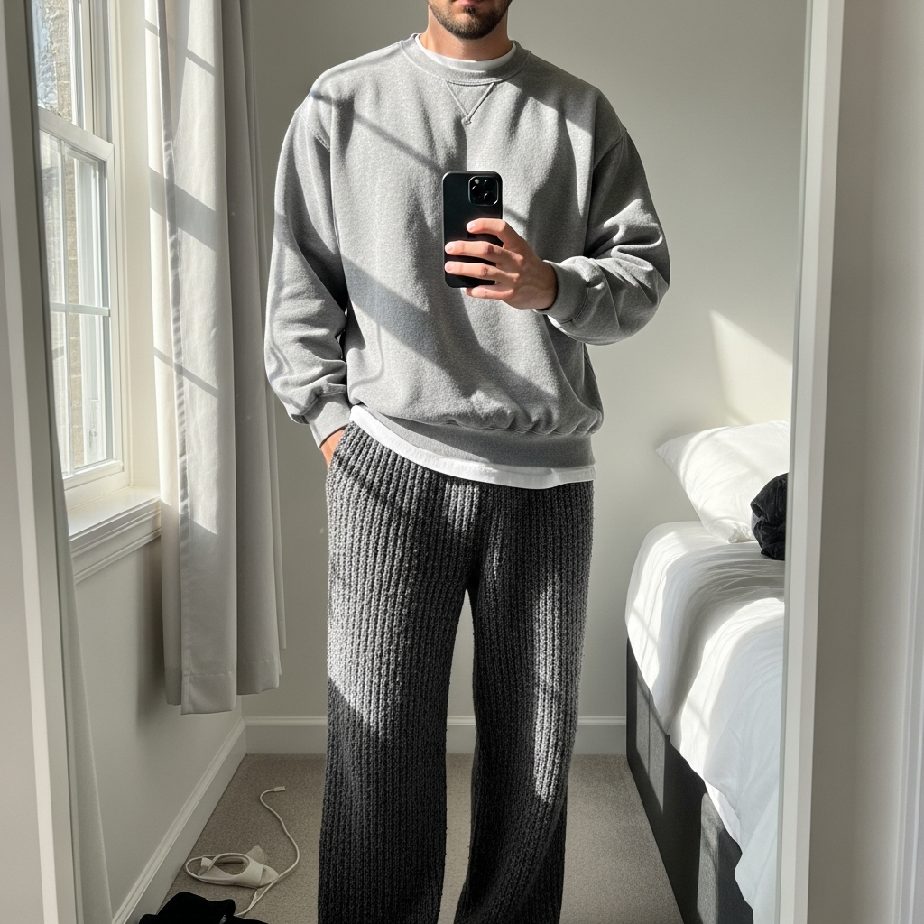Crewneck, Relaxed Knit Pants - 50 Oversized Crewneck Outfit Ideas for Men