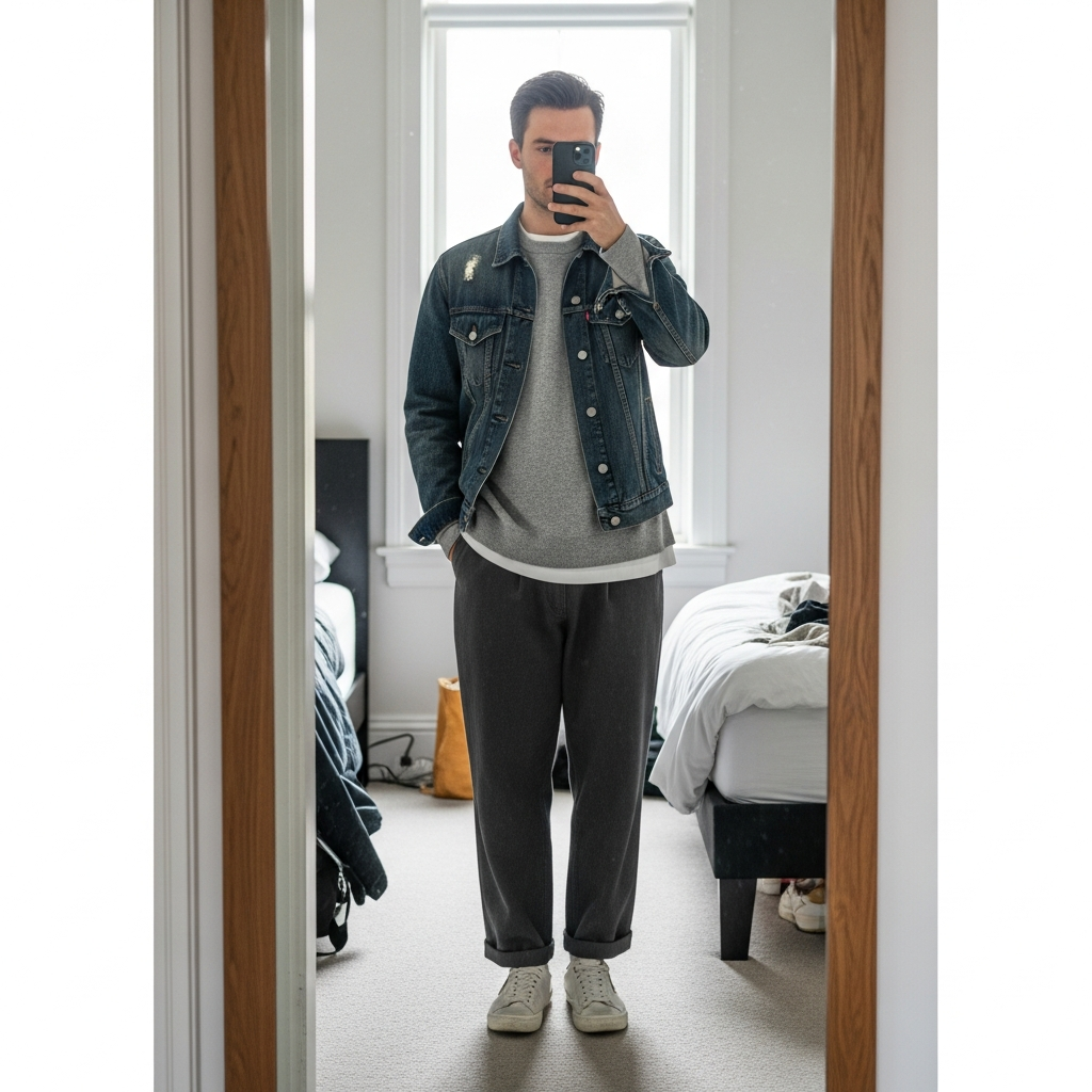 Crewneck Under Denim Jacket - 50 Oversized Crewneck Outfit Ideas for Men