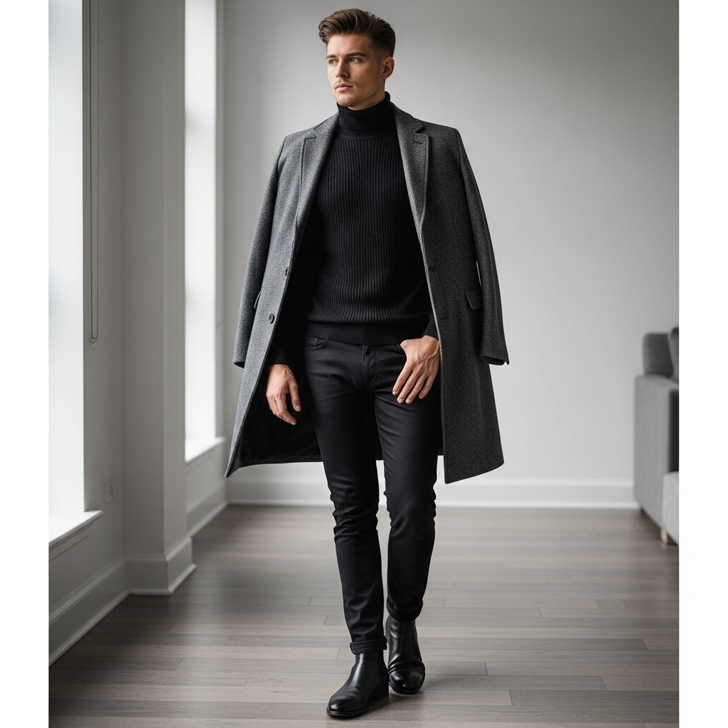 Turtleneck, Overcoat - 50 Black Jeans Outfit Ideas For Men