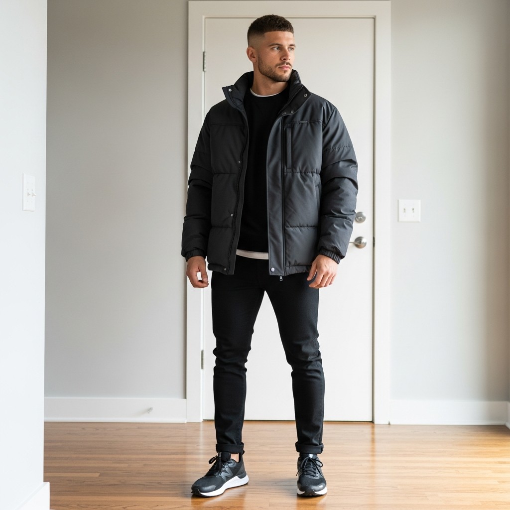 Puffer, Sporty Edge - 50 Black Jeans Outfit Ideas For Men