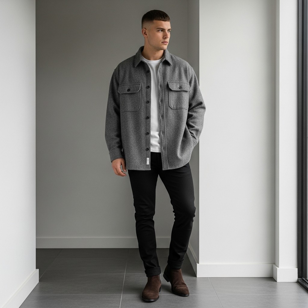 Overshirt, Suede Boots - 50 Black Jeans Outfit Ideas For Men