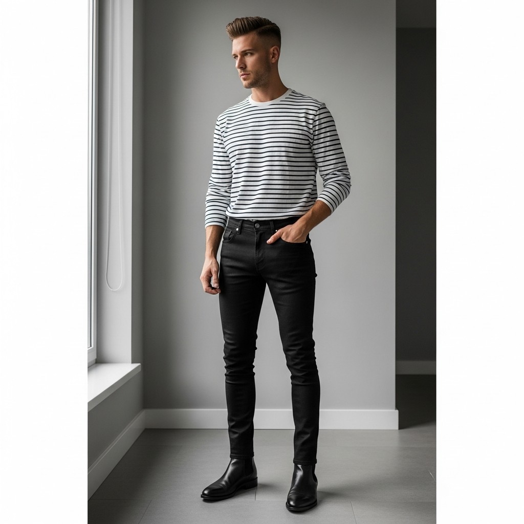 Stripes and Chelsea Boots - 50 Black Jeans Outfit Ideas For Men