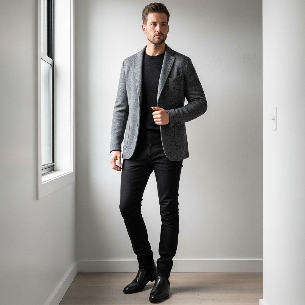 Knit Blazer Comfort - 50 Black Jeans Outfit Ideas For Men