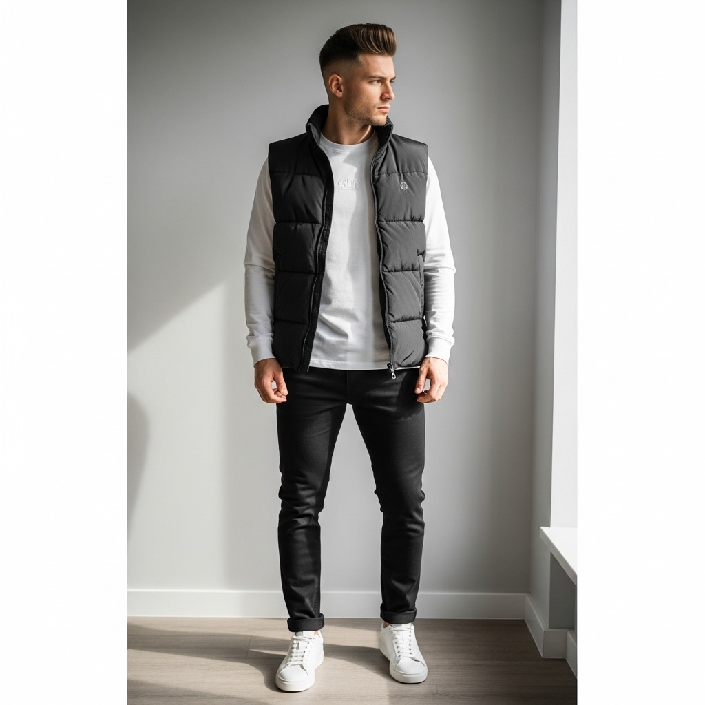 Puffer Vest Layer - 50 Black Jeans Outfit Ideas For Men