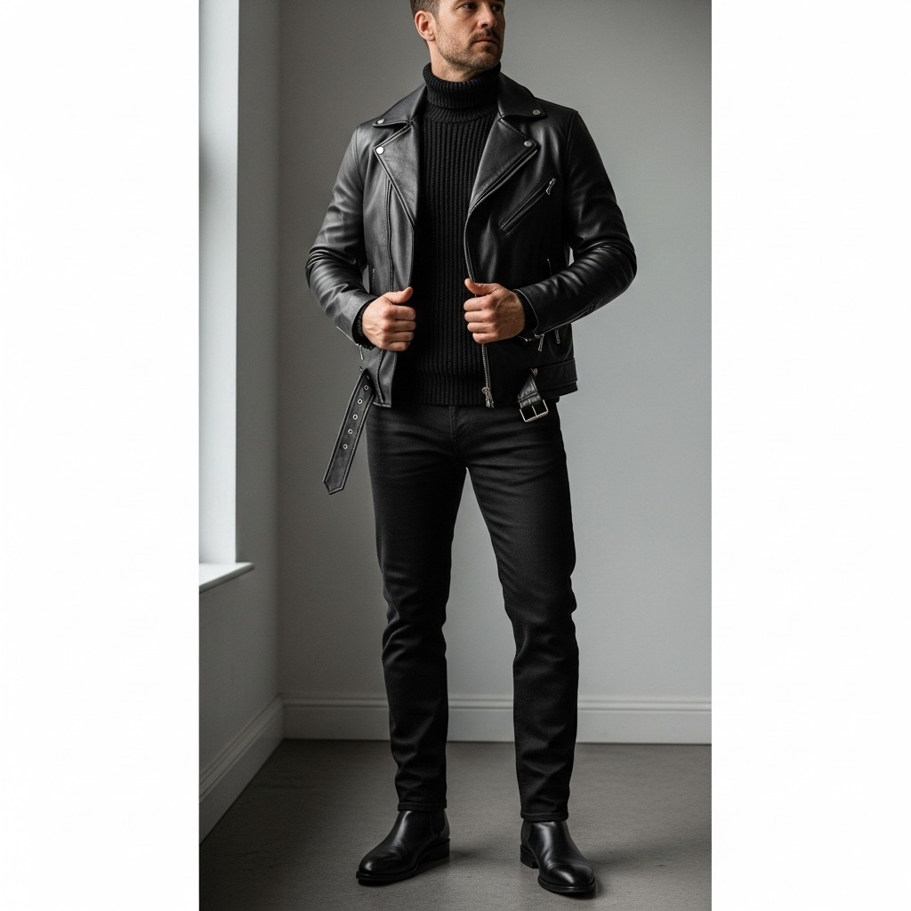 Turtleneck Under Leather - 50 Black Jeans Outfit Ideas For Men