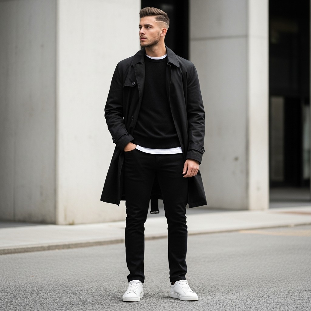 Trench Layering Balance - 50 Black Jeans Outfit Ideas For Men