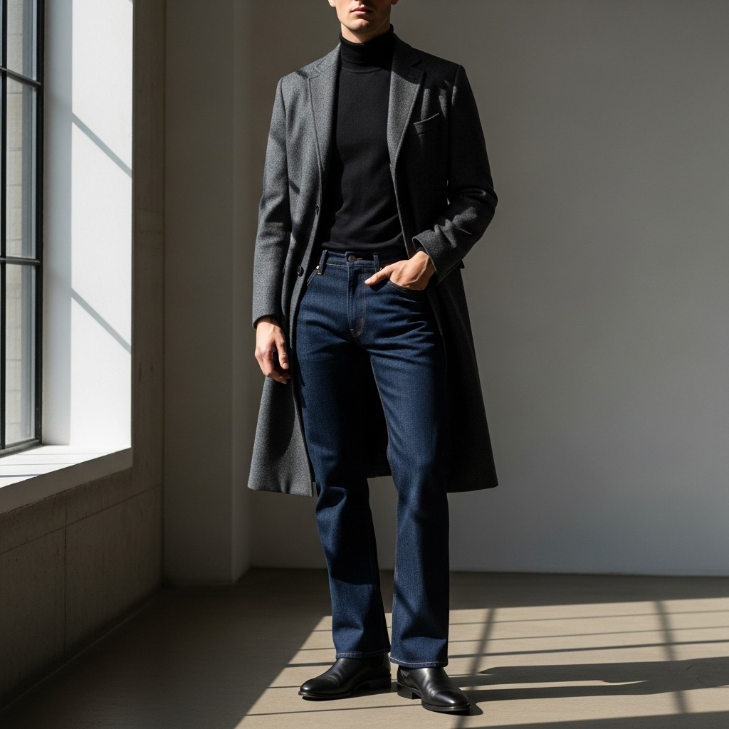 Turtleneck + Wool Coat - 50 Bootcut Jeans Outfit Ideas For Men