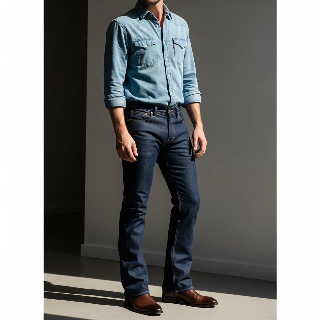 Chambray Shirt + Dress Boots - 50 Bootcut Jeans Outfit Ideas For Men