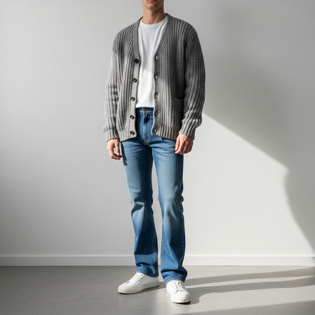 Cardigan + Clean Sneakers - 50 Bootcut Jeans Outfit Ideas For Men