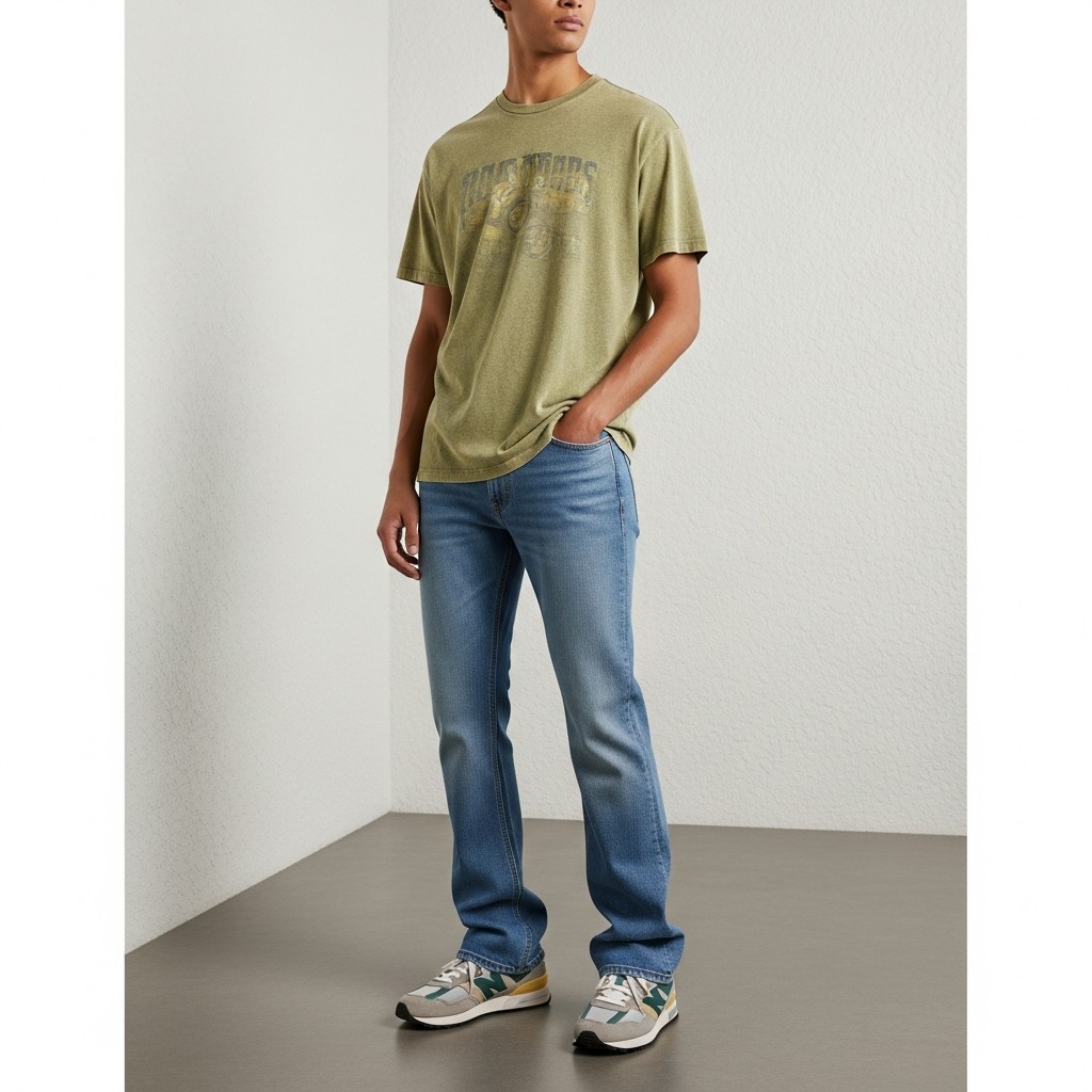 Graphic Tee + Retro Runners - 50 Bootcut Jeans Outfit Ideas For Men