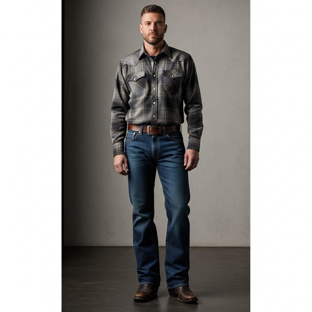 Classic Plaid Western - 50 Bootcut Jeans Outfit Ideas For Men