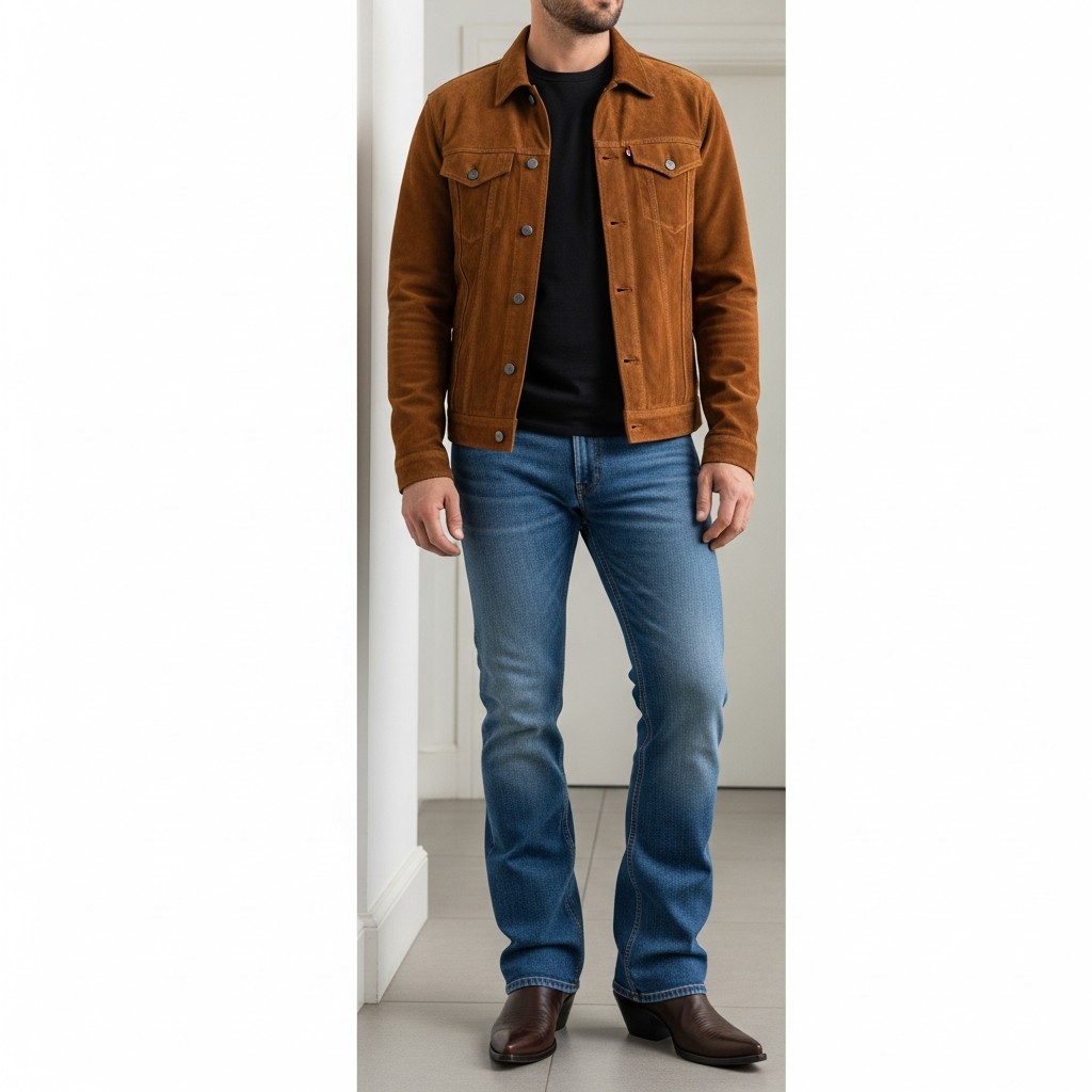 Suede Jacket + Western Boots - 50 Bootcut Jeans Outfit Ideas For Men