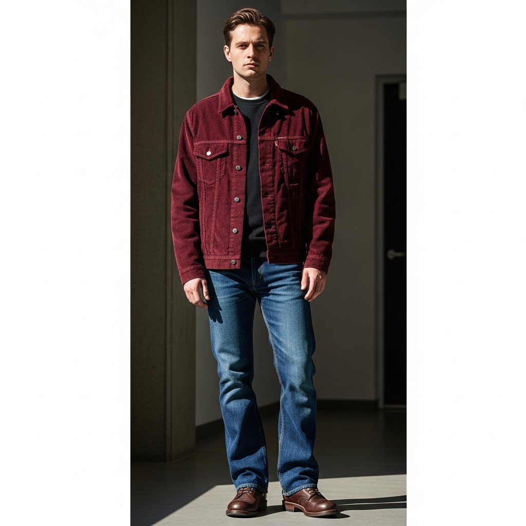 Corduroy Jacket + Boots - 50 Bootcut Jeans Outfit Ideas For Men