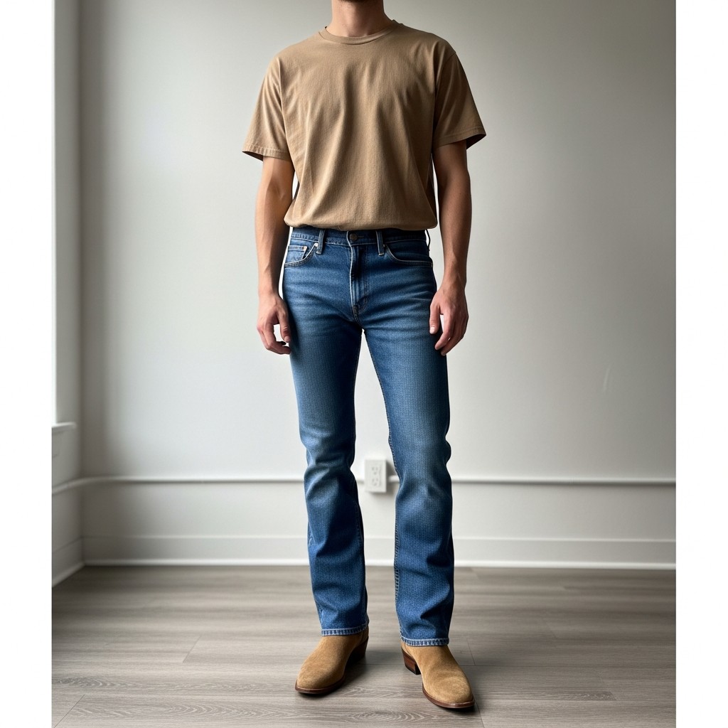 Neutral Tee + Suede Boots - 50 Bootcut Jeans Outfit Ideas For Men