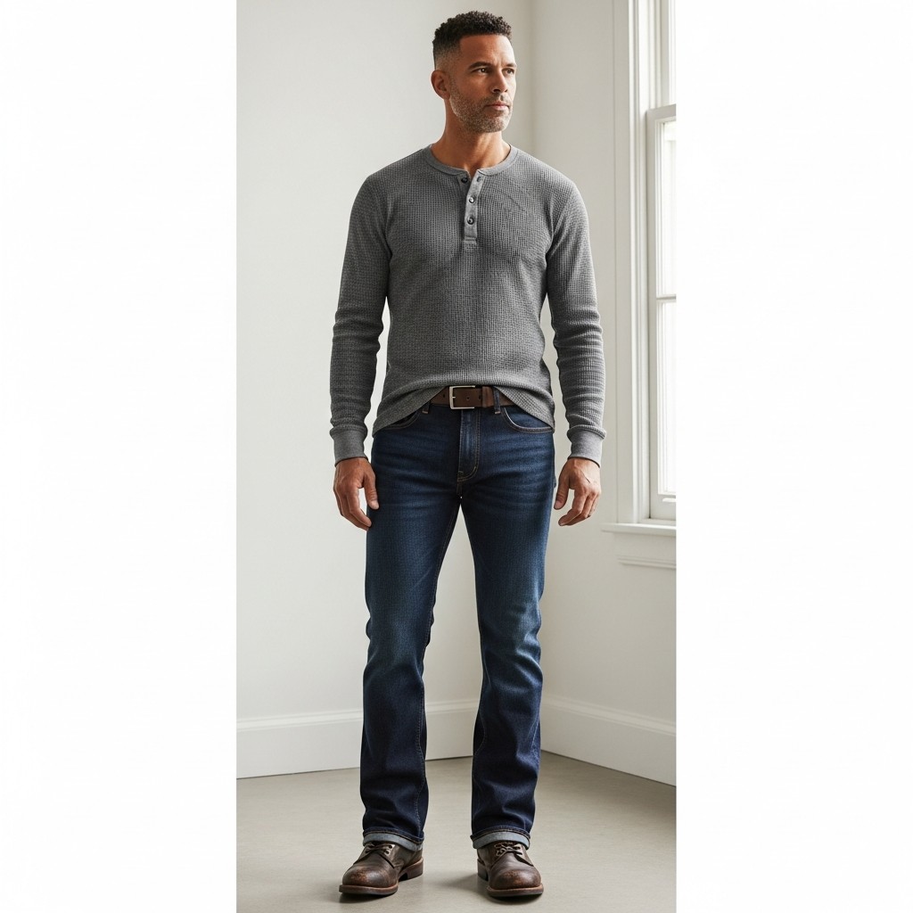 Henley + Casual Boots - 50 Bootcut Jeans Outfit Ideas For Men