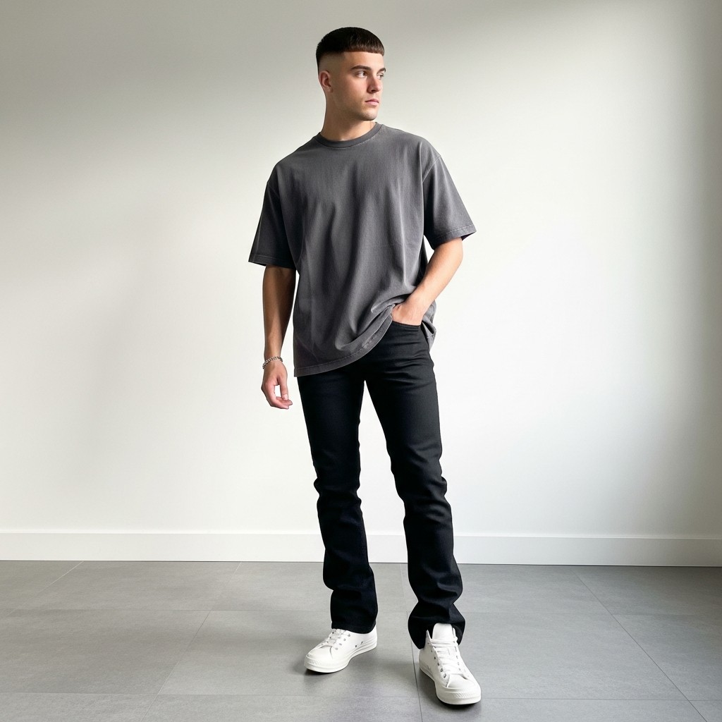Oversized Tee + High-Tops - 50 Bootcut Jeans Outfit Ideas For Men