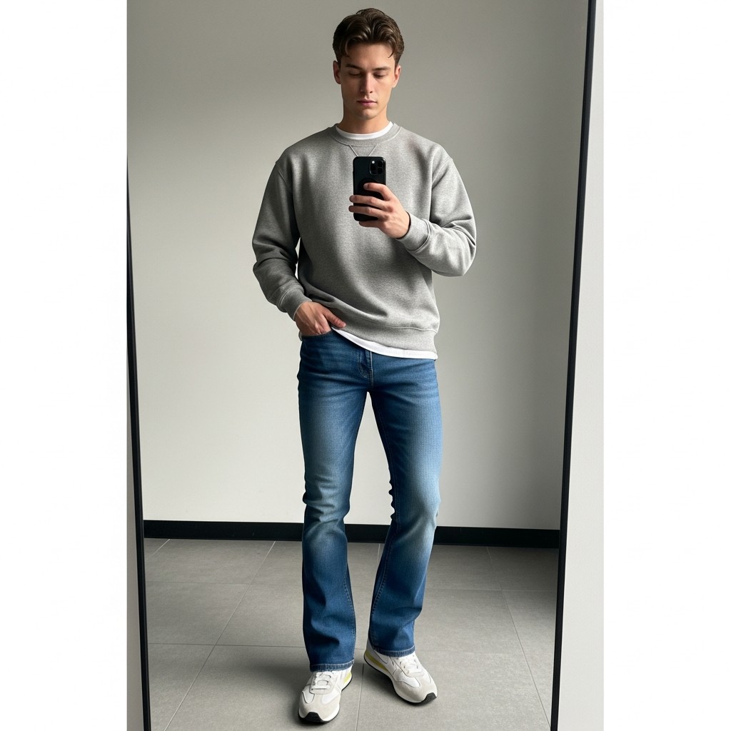 Sweatshirt + Trainers - 50 Bootcut Jeans Outfit Ideas For Men
