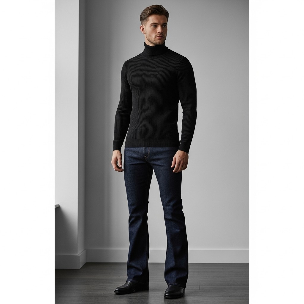 Black Turtleneck Sharp - 50 Bootcut Jeans Outfit Ideas For Men