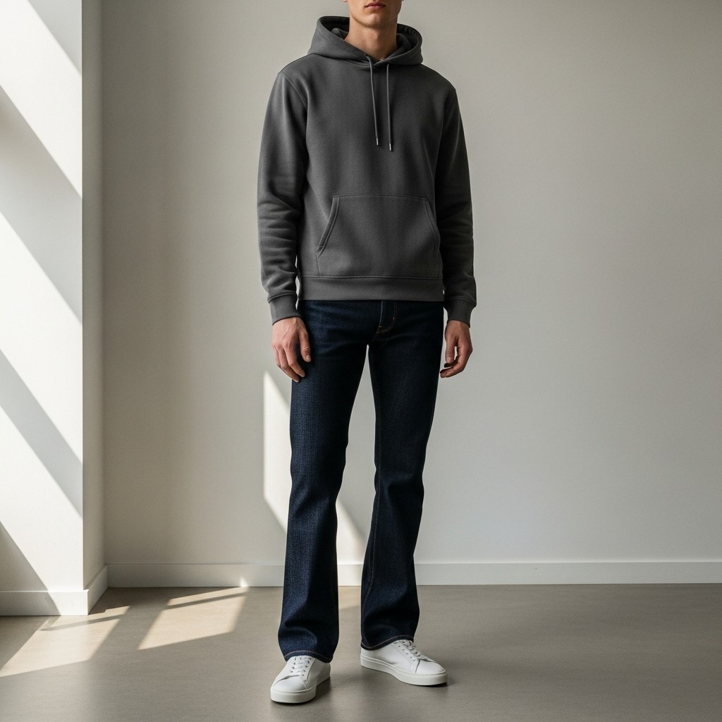 Hoodie + Minimal Sneakers - 50 Bootcut Jeans Outfit Ideas For Men