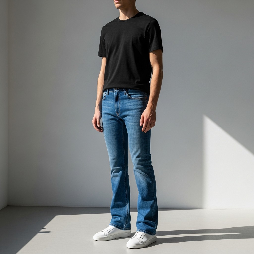 Black Tee + Leather Kicks - 50 Bootcut Jeans Outfit Ideas For Men