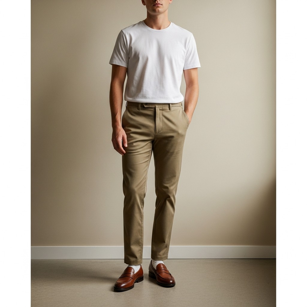 White Tee, Chinos, Loafers - 50 Penny Loafer Outfits For Men