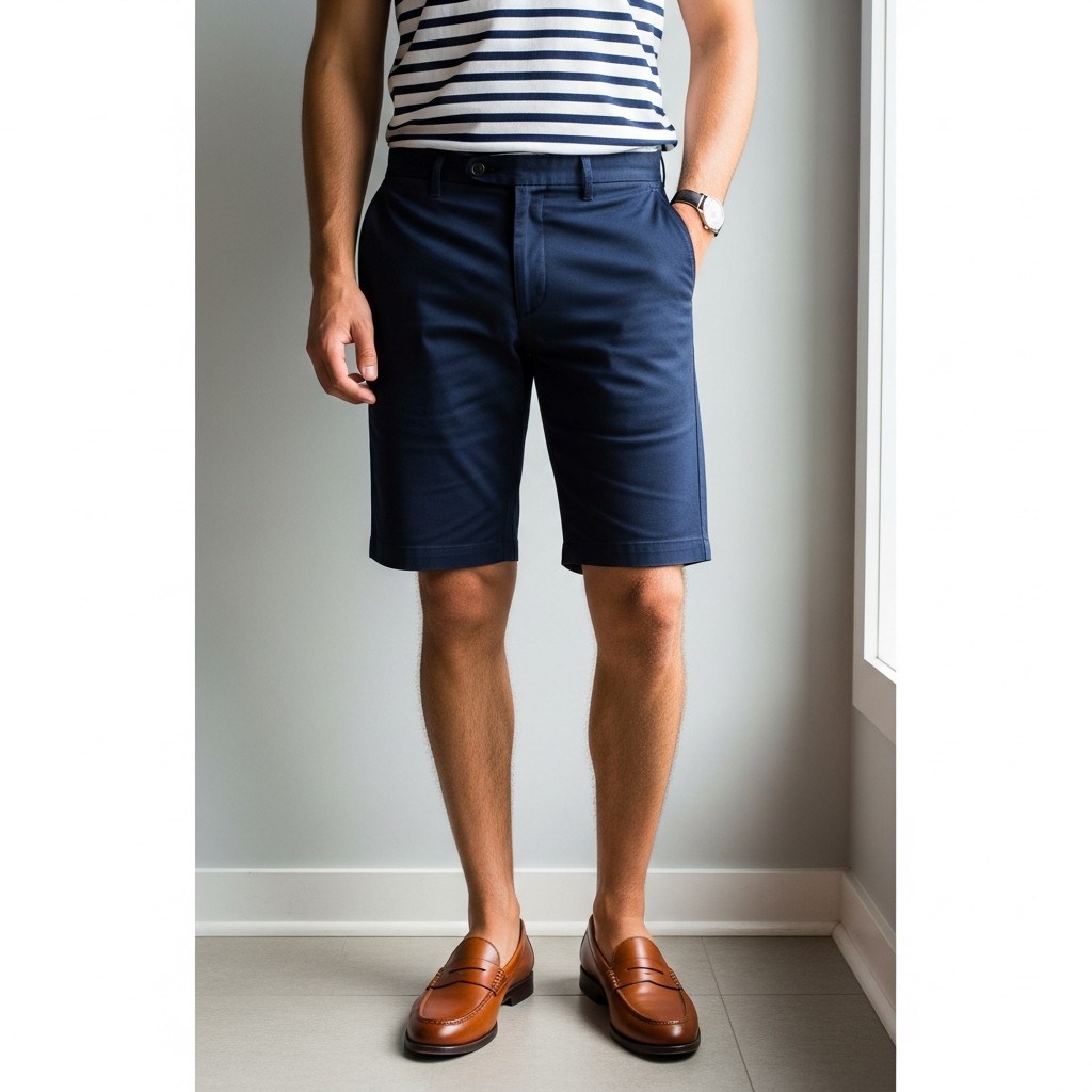 Breton Stripe and Navy Shorts - 50 Penny Loafer Outfits For Men