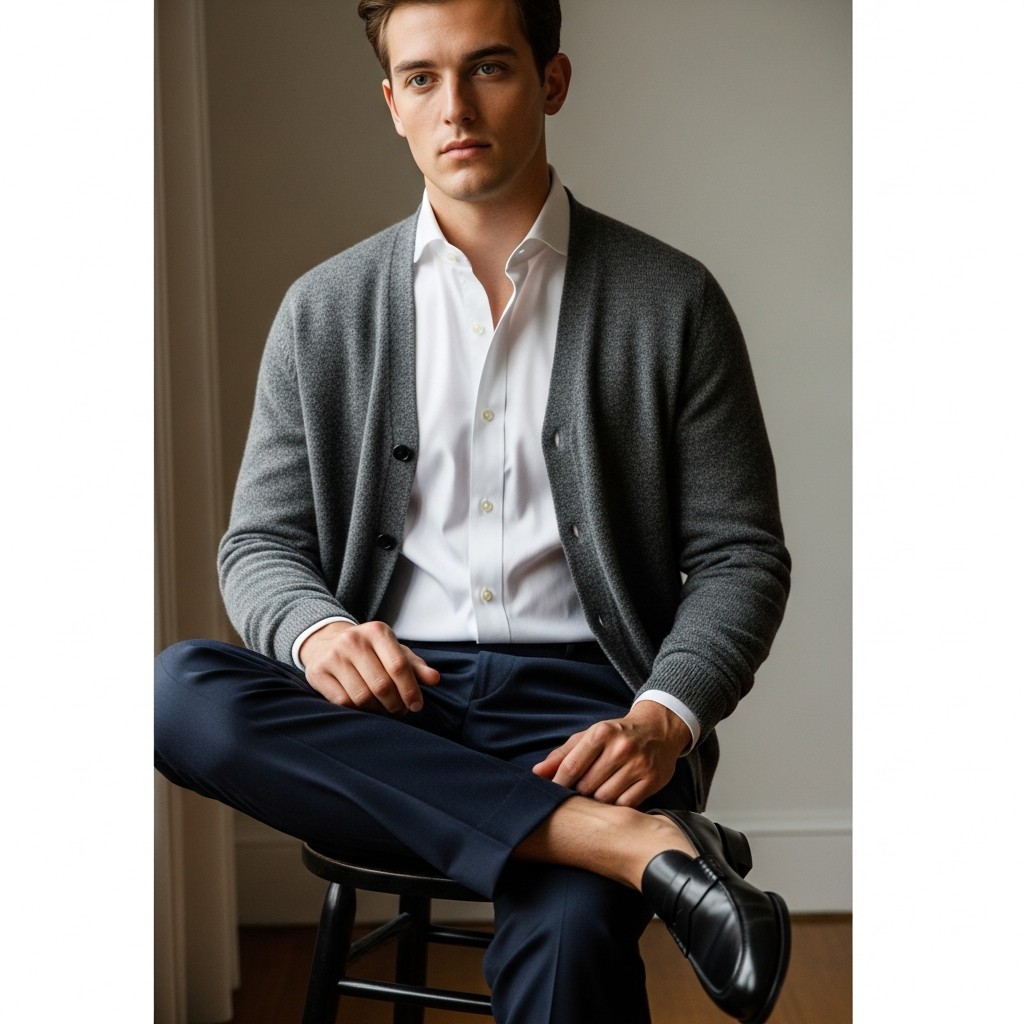 Cardigan and Oxford Shirt - 50 Penny Loafer Outfits For Men