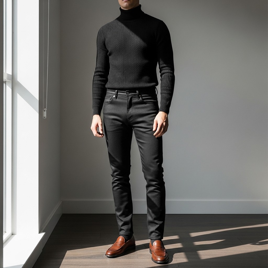 Turtleneck and Black Jeans - 50 Penny Loafer Outfits For Men