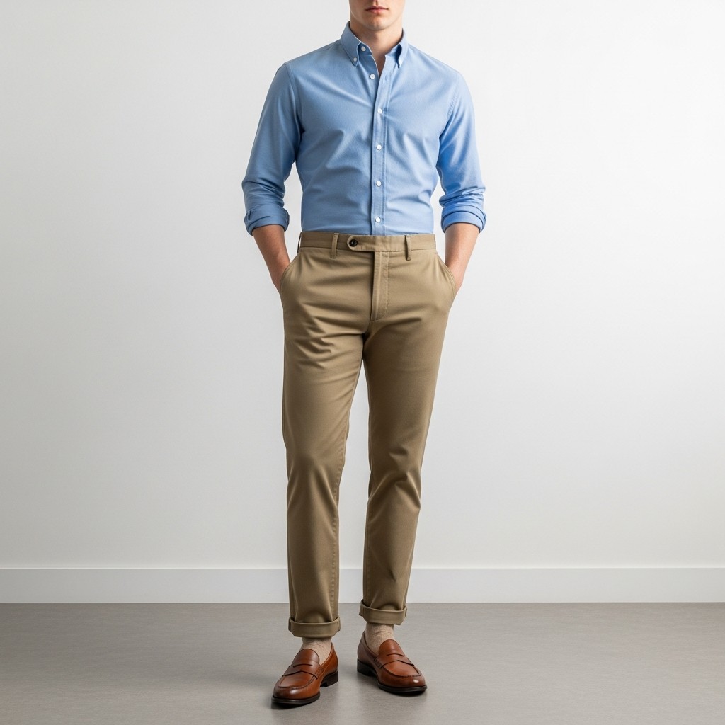 Oxford Shirt, Rolled Chinos - 50 Penny Loafer Outfits For Men