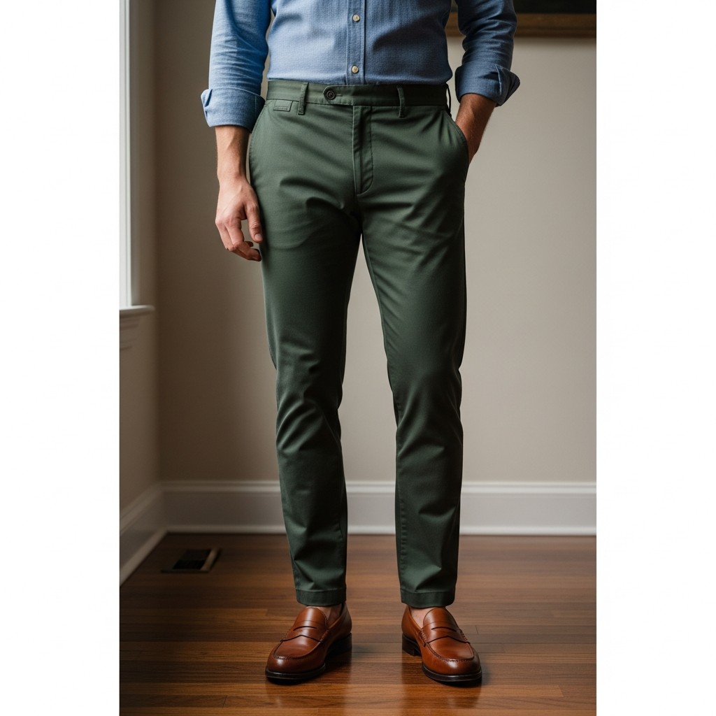 Chambray and Olive Chinos - 50 Penny Loafer Outfits For Men