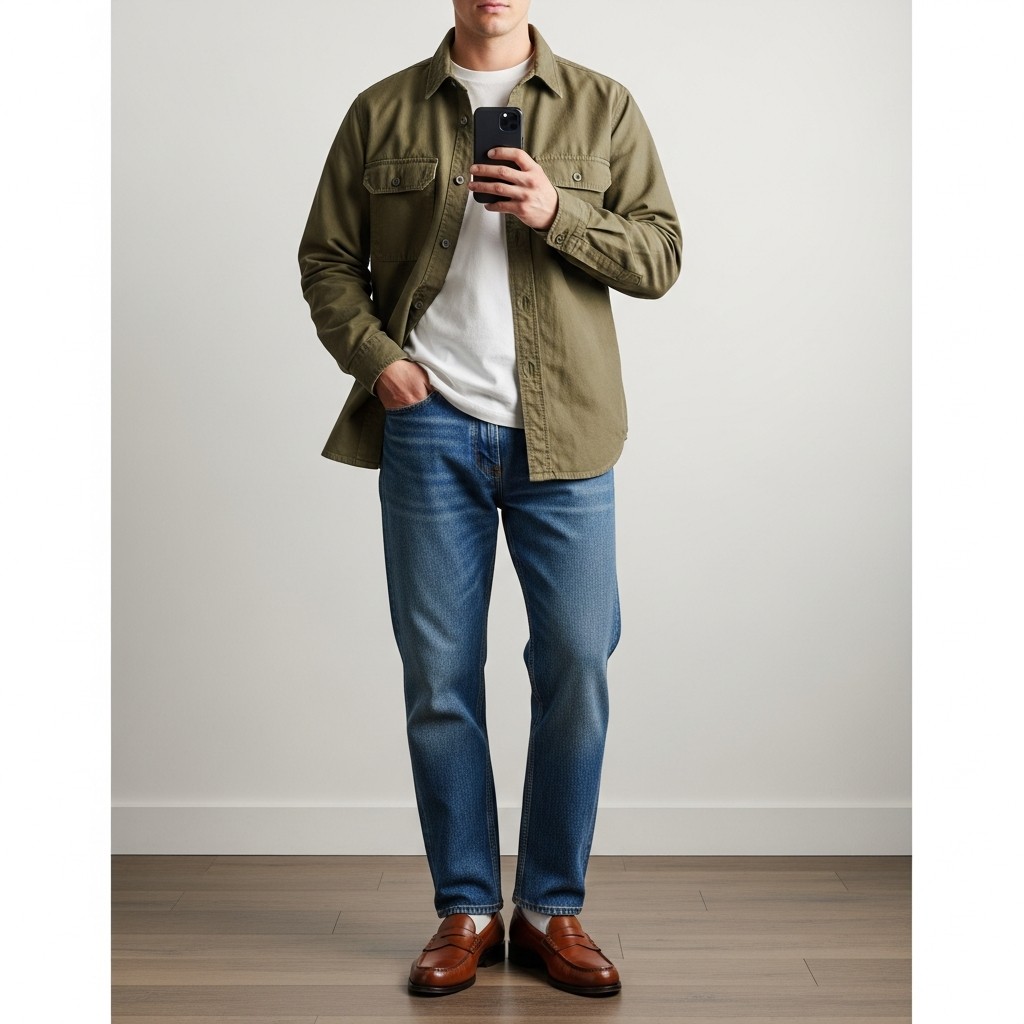 Overshirt, Tee, and Denim - 50 Penny Loafer Outfits For Men