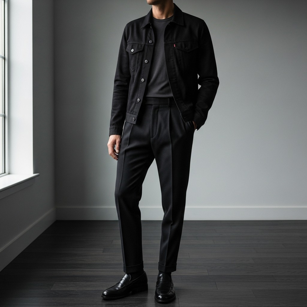 Black Denim Jacket, Trousers - 50 Penny Loafer Outfits For Men