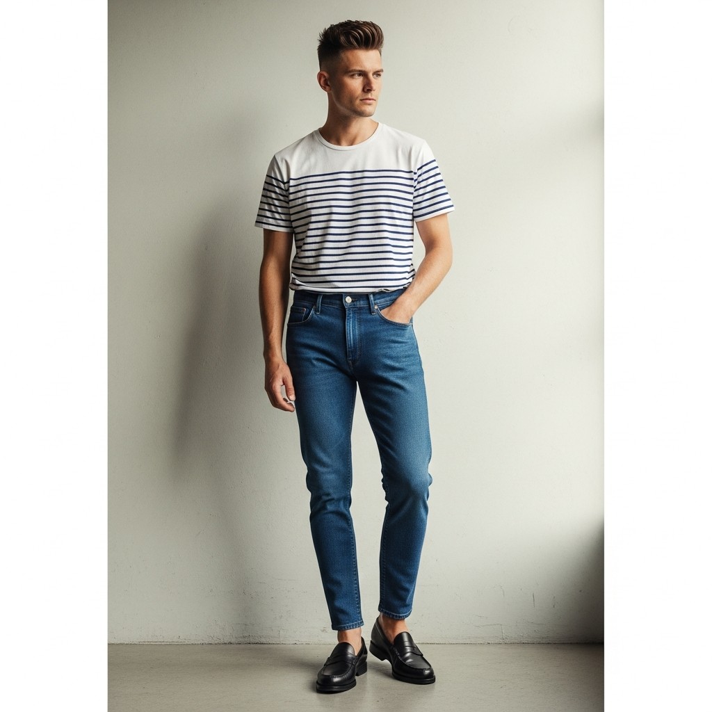 Stripes and Tapered Denim - 50 Penny Loafer Outfits For Men