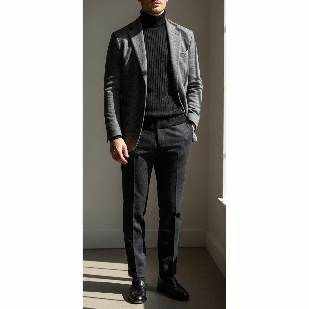 Turtleneck and Unstructured Blazer - 50 Penny Loafer Outfits For Men