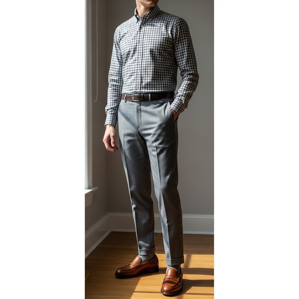 Checked Shirt, Grey Trousers - 50 Penny Loafer Outfits For Men